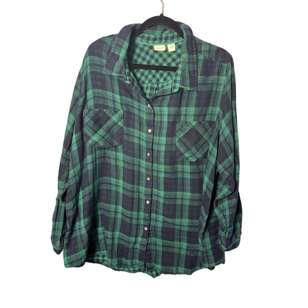 Westbound Woman Shirt 3X Green Plaid Roll Tab Sleeve Cotton Cabin Lumberjack